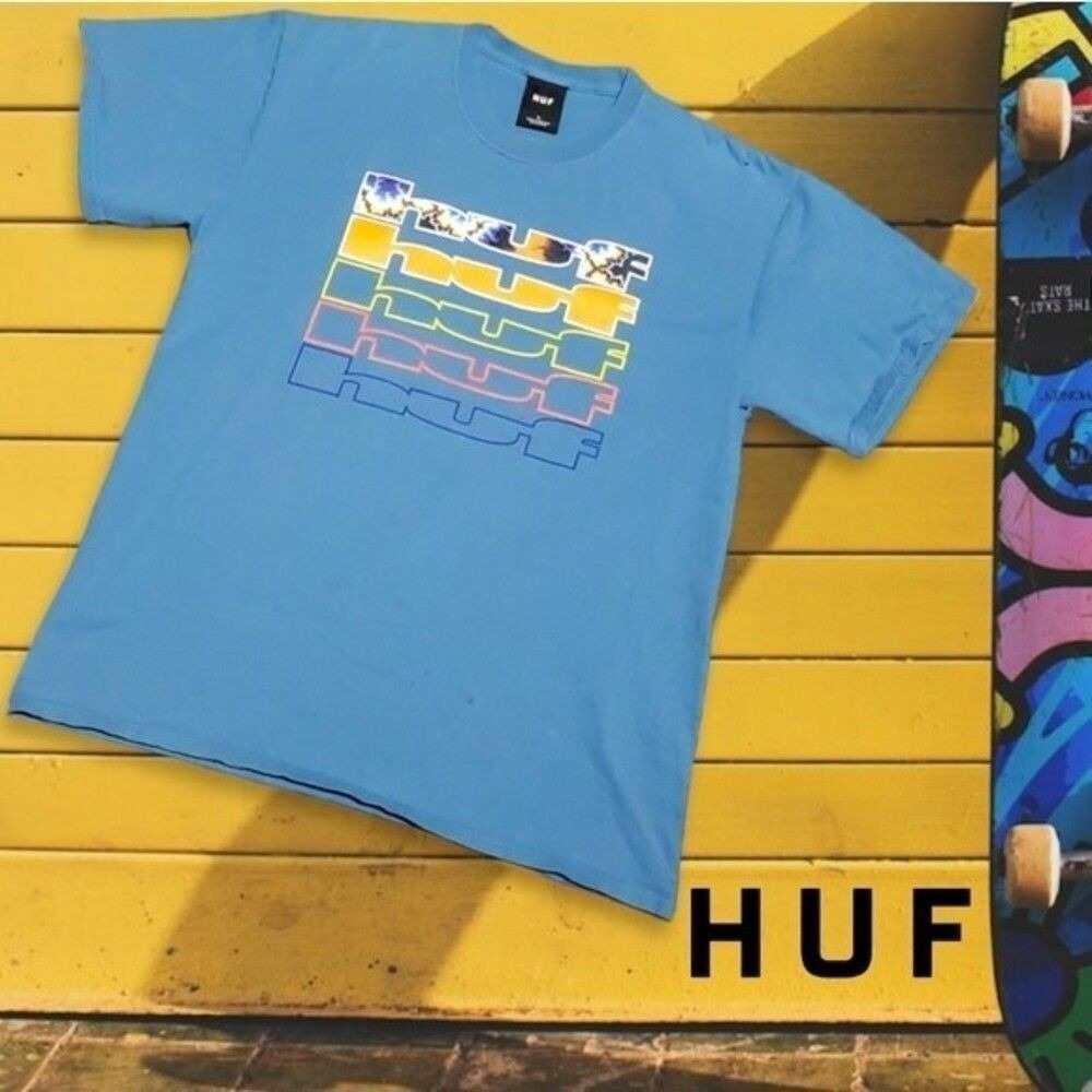 HUF Mens Stacked Fractal Graphic Short Sleeve T-Shirt Colonial Blue Large
